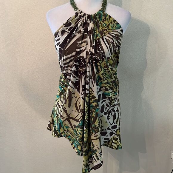 Cache unique szM green brown print with large plastic chain sleeveless top EUC - Picture 3 of 15